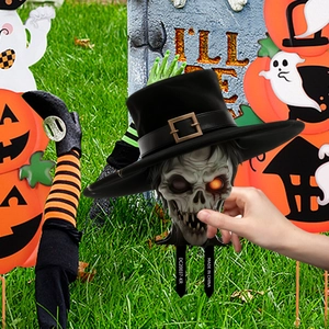 Halloween skeleton garden stake with wizard hat and glowing eyes for lawn decor