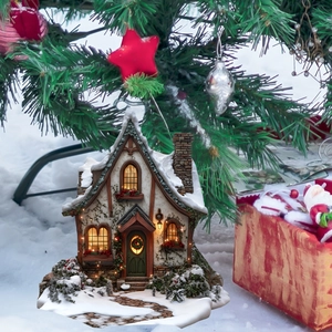 Close-up of a Christmas house garden stake with LED lights and snow-covered roof detail