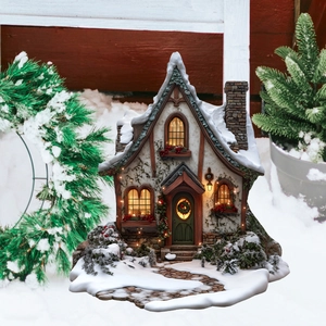 Detailed view of a snowy Christmas miniature house with warm glowing windows and stone chimney