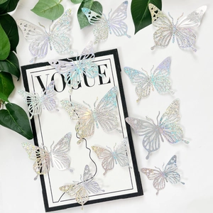 Detail van zilveren laser holle vlinder muurstickers met kleurrijke glitter textuur