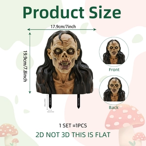 Zombie skull garden stake for Halloween decor with hair detail and dimensions 19.9cm high