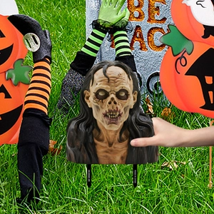 Realistic Halloween zombie garden stake set with pumpkin and gravestone yard decor