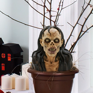 Creepy Halloween zombie skull garden stake with hair and dry skin for yard decoration