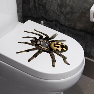 3D realistic spider window sticker with yellow markings on a white bathroom surface