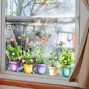 Creative hand-painted potted plant and butterfly wall stickers for window glass decoration