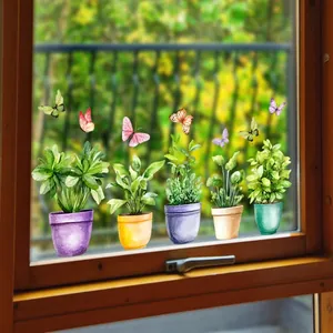 Self-adhesive watercolor potted plants and butterflies glass window stickers