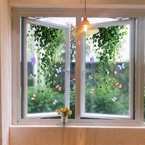 Selbstklebende Glasfensteraufkleber mit grünen Ranken und bunten Schmetterlingsmotiven