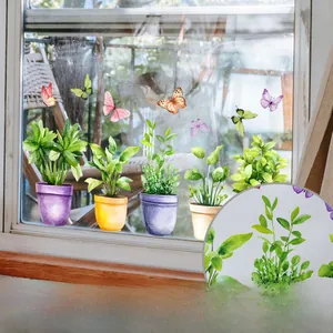 Detail showing double-sided watercolor plant window stickers with adhesive backing