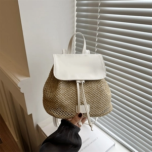 Chic straw woven backpack with white leather flap and drawstring for summer