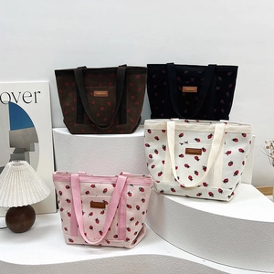 Floral corduroy tote bag with strawberry print in brown black beige and pink colors