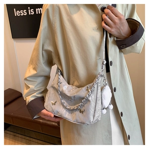 Chic light gray pleated shoulder bag with silver chain and cute butterfly charms