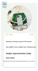 Detail of green pleated shell bag showing PU leather texture and pearl handle size dimensions