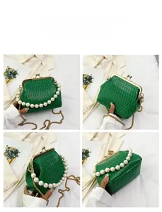 Detailed views of a green pleated shell bag with large pearl handle and gold chain strap
