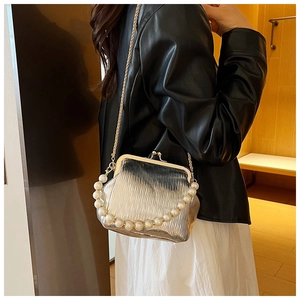 Silver pleated metal clutch with pearl handle and gold chain strap on model