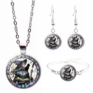 Gothic wizard and black cat pattern jewelry set including necklace and earrings