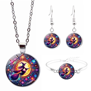 Halloween witch broom jewelry set with moon pendant necklace bracelet and earrings