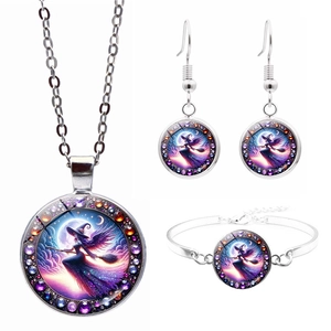 Halloween witch necklace bracelet and earrings set with colorful crystals in silver finish