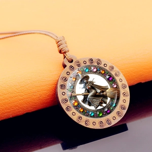 Vintage wooden Halloween witch necklace with colorful gemstones and brown braided cord