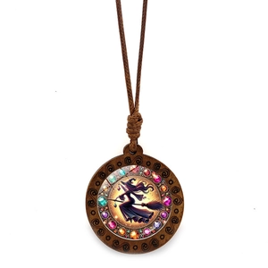 Retro wooden Halloween necklace featuring a round witch pendant with a braided rope cord
