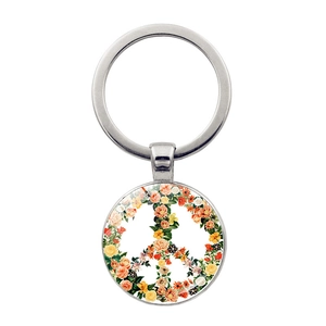Floral peace sign butterfly car keychain with polished silver metal ring pendant