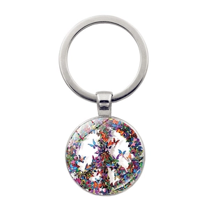 Bohemian Flower Butterfly Peace Sign Keychain Zinc Alloy Glass Cabochon Round Pendant Key Ring For Women Men Daily Gift