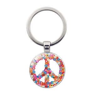 Floral peace sign butterfly keychain with vibrant flowers and silver metal ring