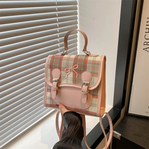 Women Fashion Plaid Backpack PU Leather College Style Backpack With Butterfly Embroidery Double Buckle Sweet Girl Daily Travel Bag