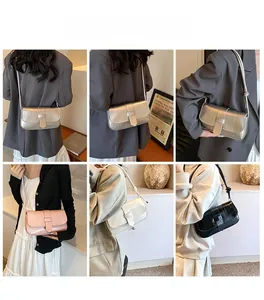 Detailed views of stylish crocodile embossed shoulder bags in silver pink white and black
