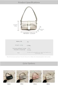 Detailed spec sheet showing PU leather bag dimensions 25x14x6cm and metallic colors