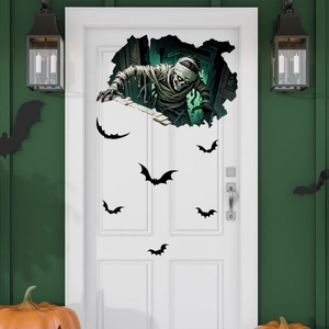 Spooky mummy breaking through wall sticker with black bats for Halloween home decor