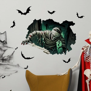Spooky mummy breaking through wall sticker with black bat decals for Halloween home decor