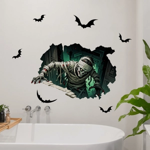 3D Halloween wall decals featuring a breaking mummy and black bats for home decoration