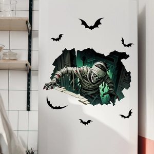 3D Halloween wall decal featuring a mummy breaking through wall with black bats