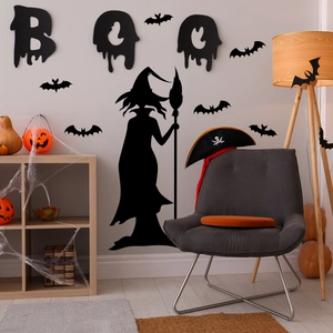Halloween witch and bats wall sticker set with BOO lettering for home holiday decoration