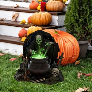 Halloween skeleton wizard garden stake with green neon effect for outdoor lawn decor