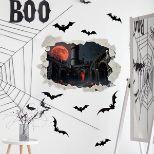 Halloween 3D Broken Wall Sticker Spooky Castle Red Moon Bats Pattern PVC Removable Wall Decal For Home Party Decoration