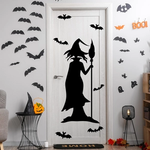 Halloween wall sticker set featuring witch silhouette and black bats on a white door