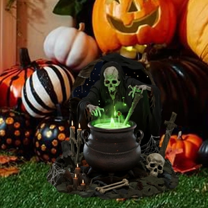 Macro shot of Halloween skeleton wizard with glowing green cauldron on grass background