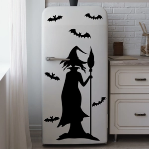 Halloween witch and bats wall sticker set on a white fridge in a modern kitchen decor