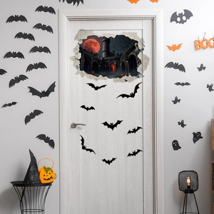 3D Halloween wall stickers featuring a broken castle, bats, and ghosts for home decor