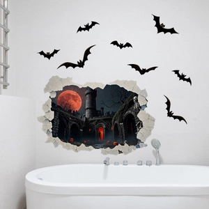 3D Halloween wall sticker with spooky haunted house and bats for festive home decoration