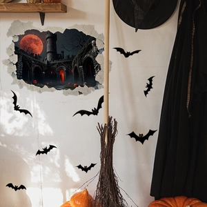 3D Halloween broken wall sticker set with bats, dark castle and blood moon decor