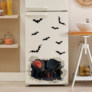 3D Halloween wall decals featuring bats and a haunted castle on a white refrigerator