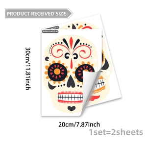 Colorful Day of the Dead sugar skull wall decals set, two stickers 30x20cm for Halloween