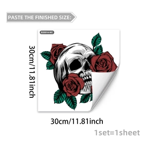 Halloween floral skull wall sticker with red roses and green leaves, 30x30cm decorative decal