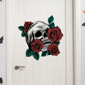 Halloween skull and red roses wall decal sticker on white door with bats decoration