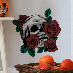 Gothic Halloween wall sticker with skull and red roses for festive home decoration