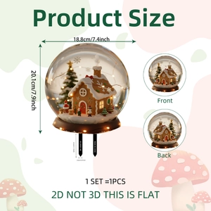 Flacher 2D-Gartenstecker mit Weihnachtsschneekugel und Lebkuchenhaus samt Maßangaben