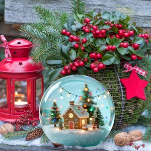 Nahaufnahme einer Weihnachtsschneekugel mit Lebkuchenhaus und LED-Licht auf Holzsockel