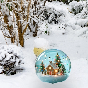 Detailansicht der Weihnachts-Schneekugel mit Lebkuchenhaus und LED-Gartenbeleuchtung